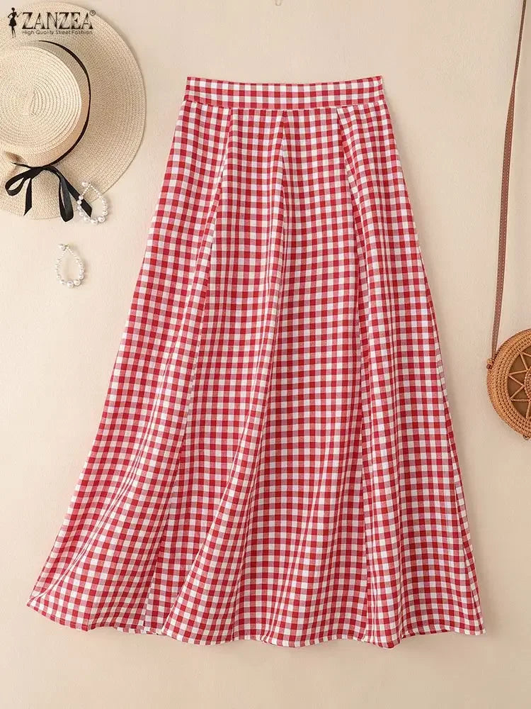 🌿 Falda Larga ZANZEA Cuadros A-Line – Elegancia Casual para Primavera y Otoño