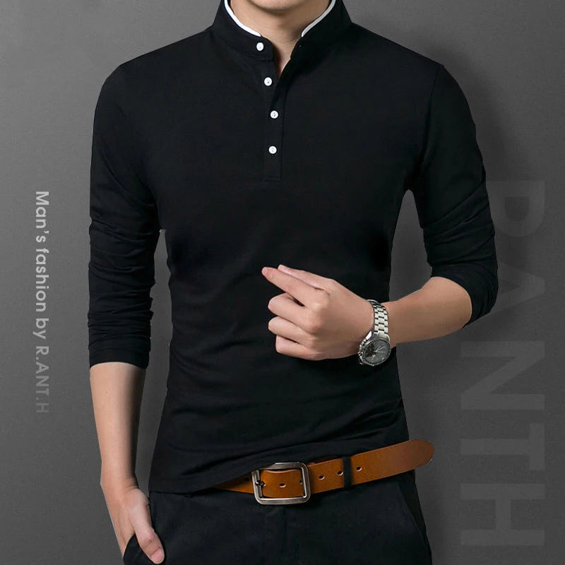 Polo de hombre manga larga estilo negocios liso antipilling – elegante y cómodo para primavera y otoño