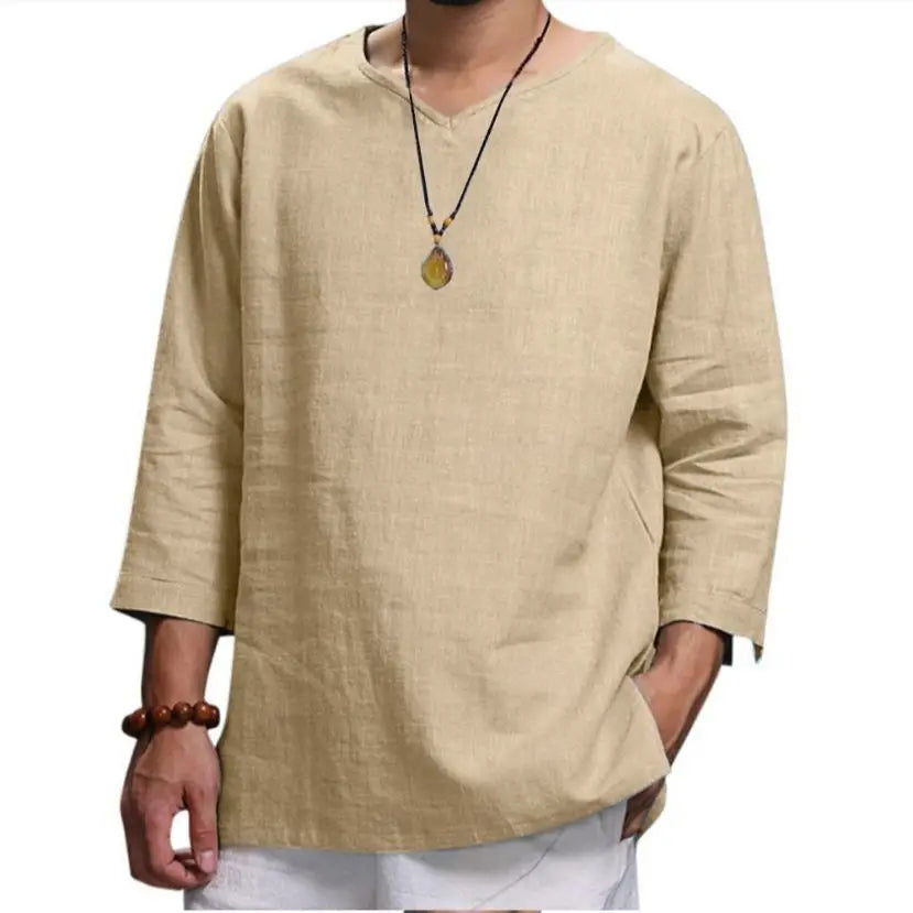 Camisa de Playa para Hombre de Algodón con Cuello en V – Estilo Verano Informal de Manga 3/4