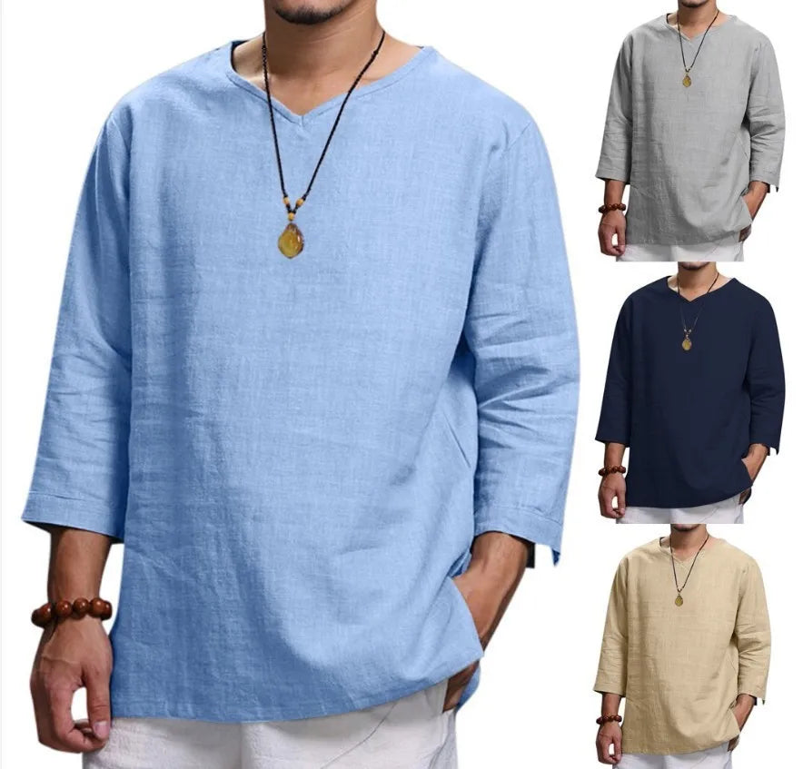 Camisa de Playa para Hombre de Algodón con Cuello en V – Estilo Verano Informal de Manga 3/4