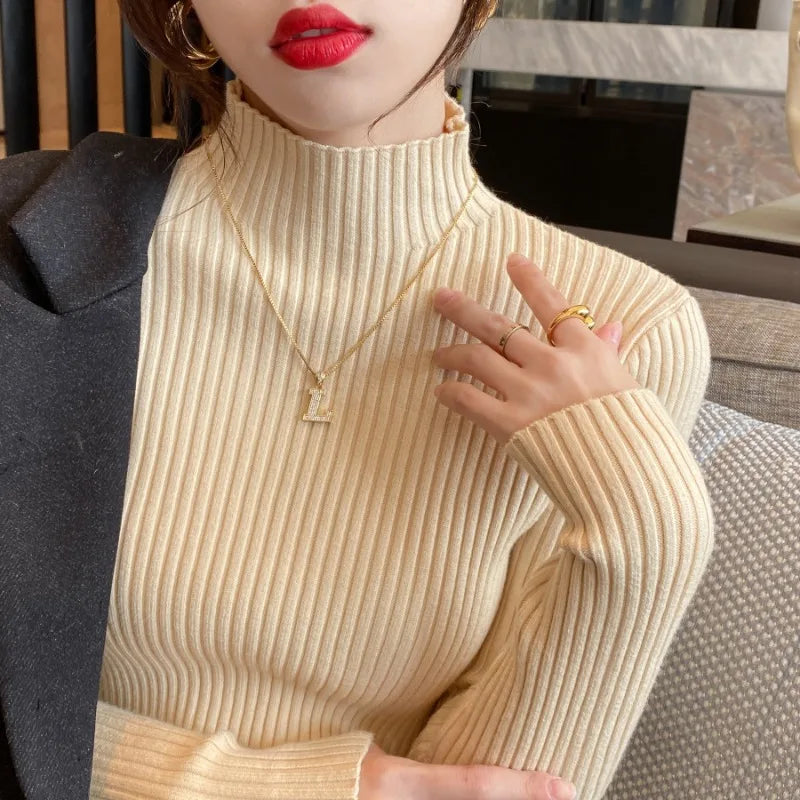 Jersey de Punto Entallado para Mujer con Cuello Alto – Estilo Básico Otoño/Invierno