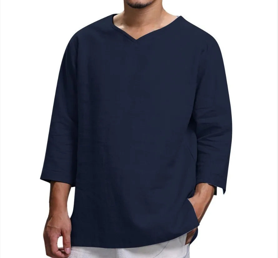 Camisa de Playa para Hombre de Algodón con Cuello en V – Estilo Verano Informal de Manga 3/4