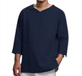 Camisa de Playa para Hombre de Algodón con Cuello en V – Estilo Verano Informal de Manga 3/4