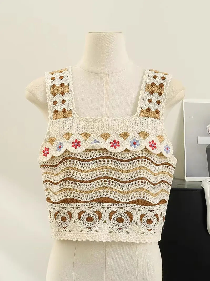 Top patchwork con borlas para mujer – estilo dulce y juvenil de encaje para verano
