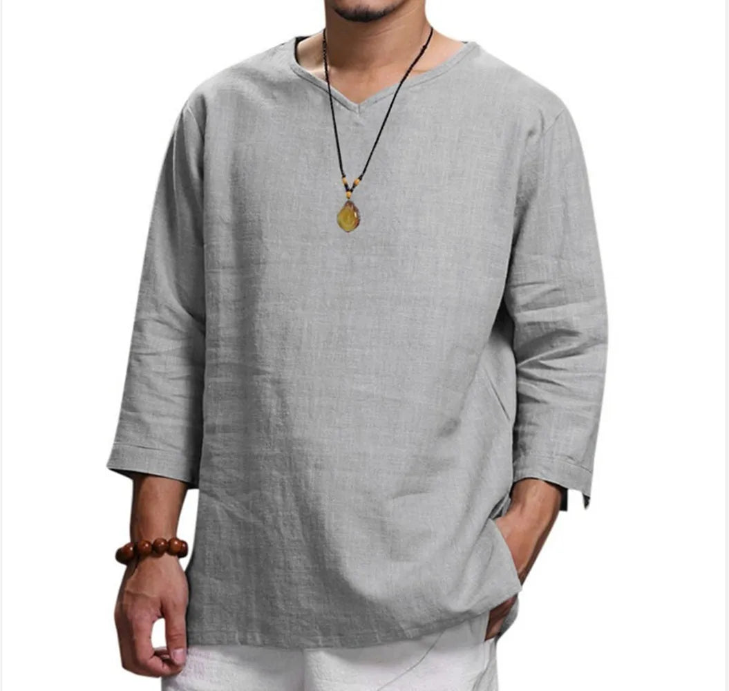 Camisa de Playa para Hombre de Algodón con Cuello en V – Estilo Verano Informal de Manga 3/4