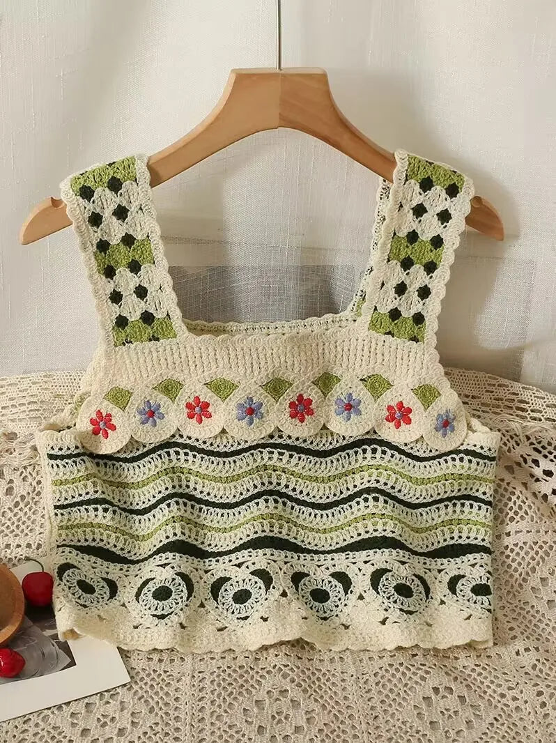 Top patchwork con borlas para mujer – estilo dulce y juvenil de encaje para verano