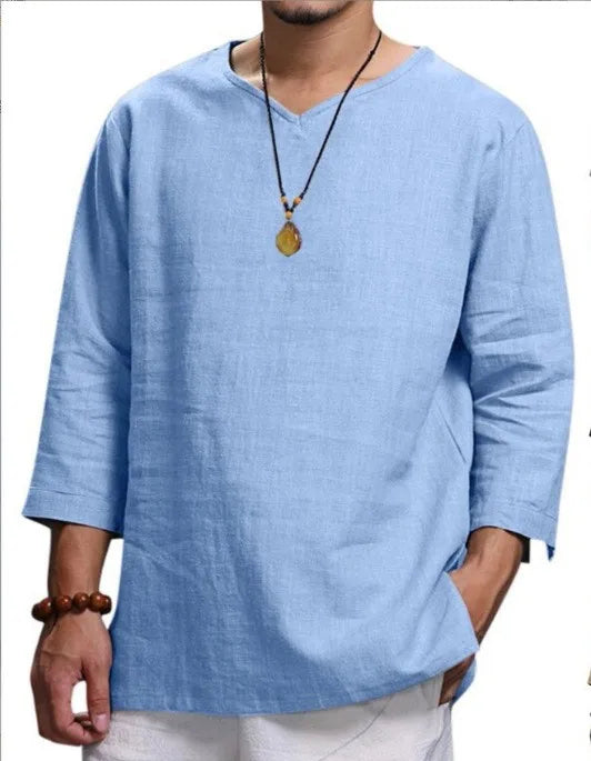 Camisa de Playa para Hombre de Algodón con Cuello en V – Estilo Verano Informal de Manga 3/4