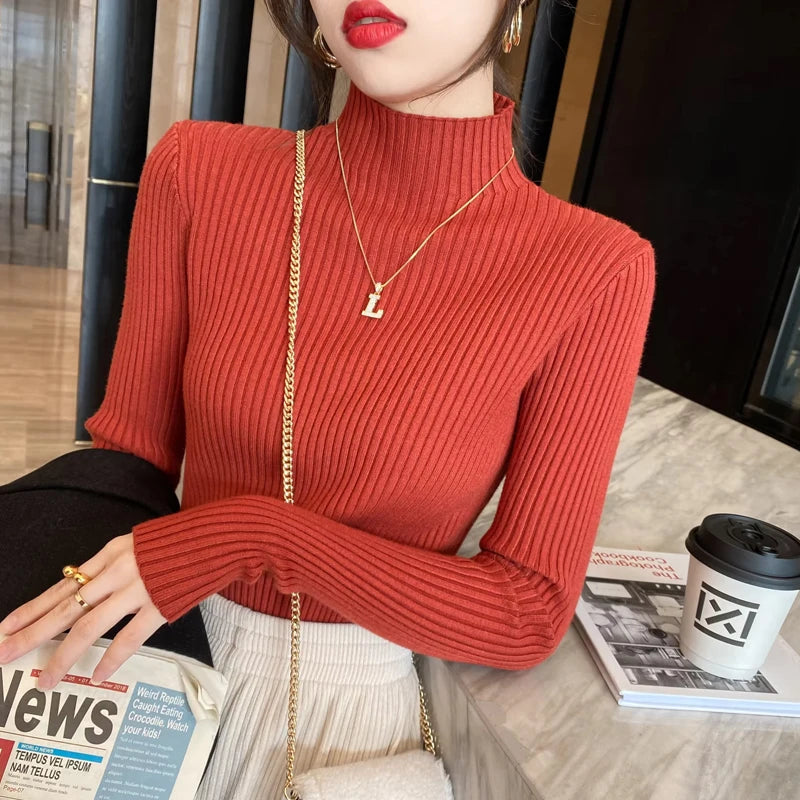 Jersey de Punto Entallado para Mujer con Cuello Alto – Estilo Básico Otoño/Invierno