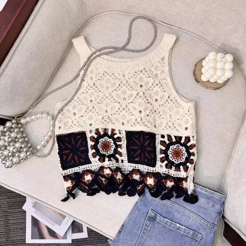 Top patchwork con borlas para mujer – estilo dulce y juvenil de encaje para verano