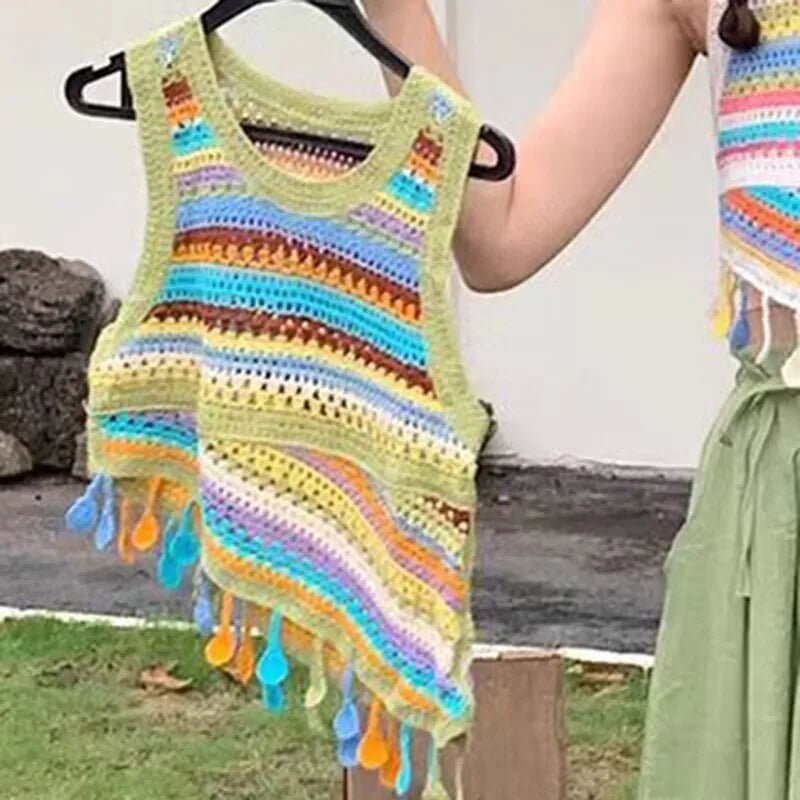 Top patchwork con borlas para mujer – estilo dulce y juvenil de encaje para verano