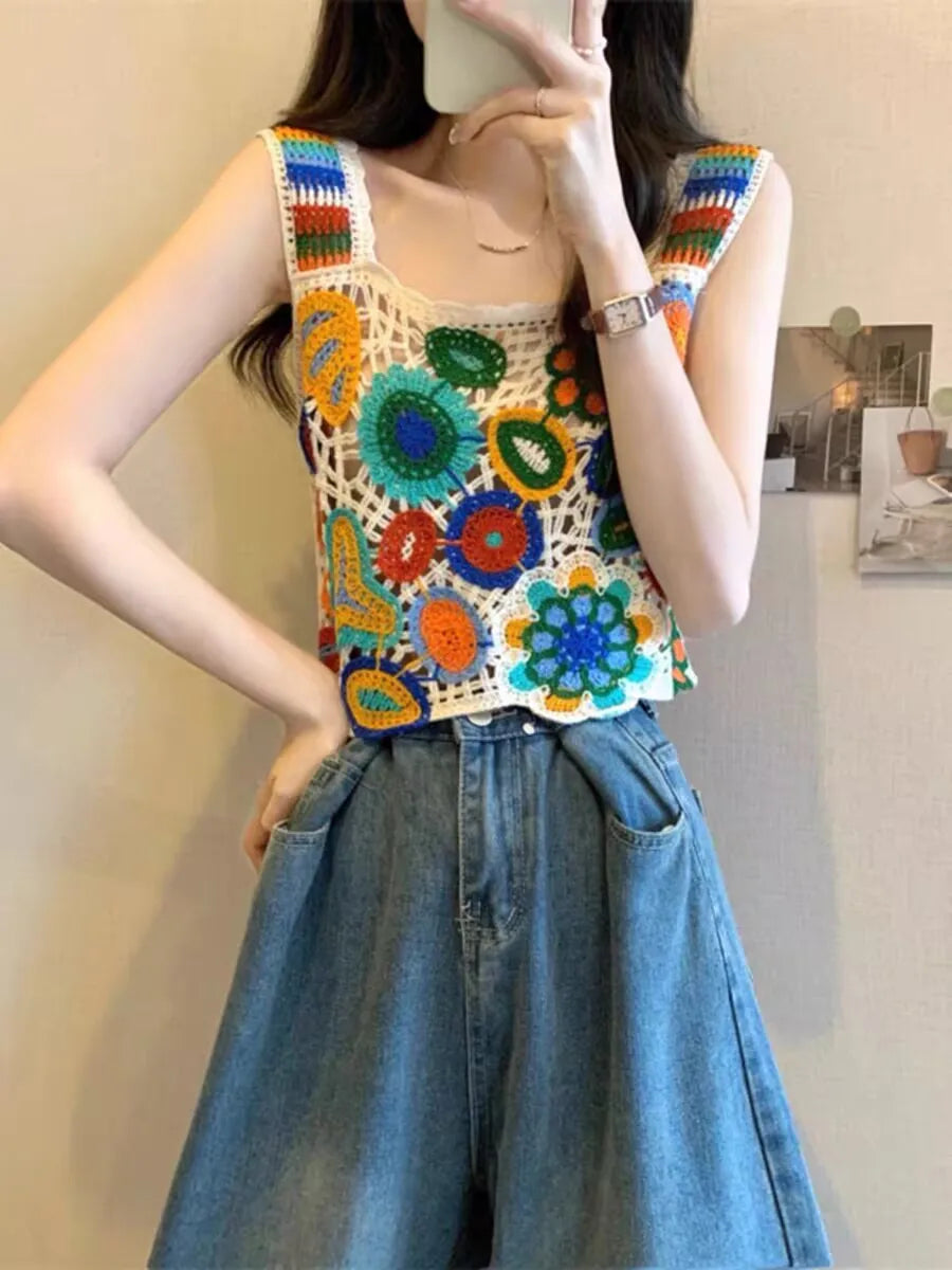Top patchwork con borlas para mujer – estilo dulce y juvenil de encaje para verano