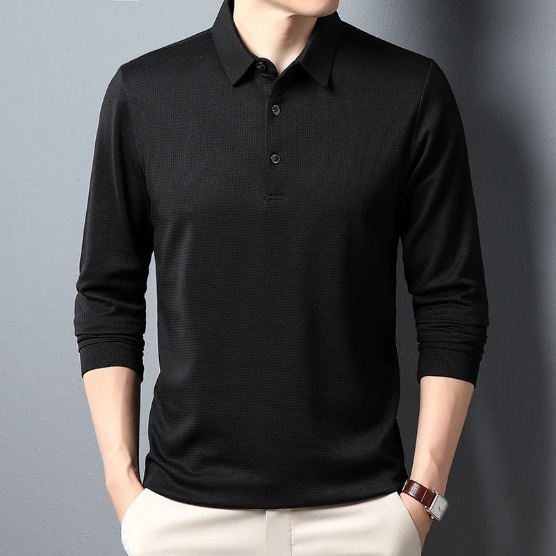 Polo de hombre manga larga liso antiarrugas – estilo casual cómodo para primavera y otoño