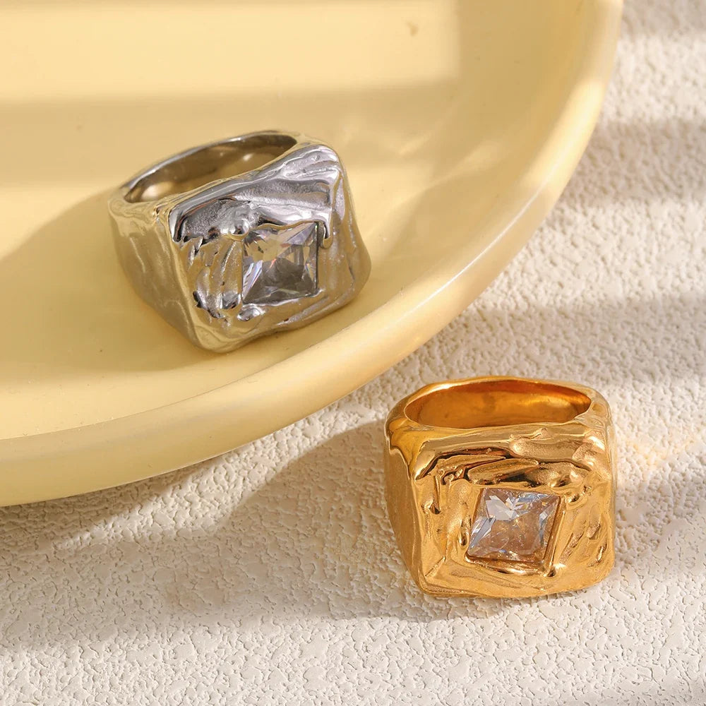 Molten Hammered Square Cubic Zirconia Ring