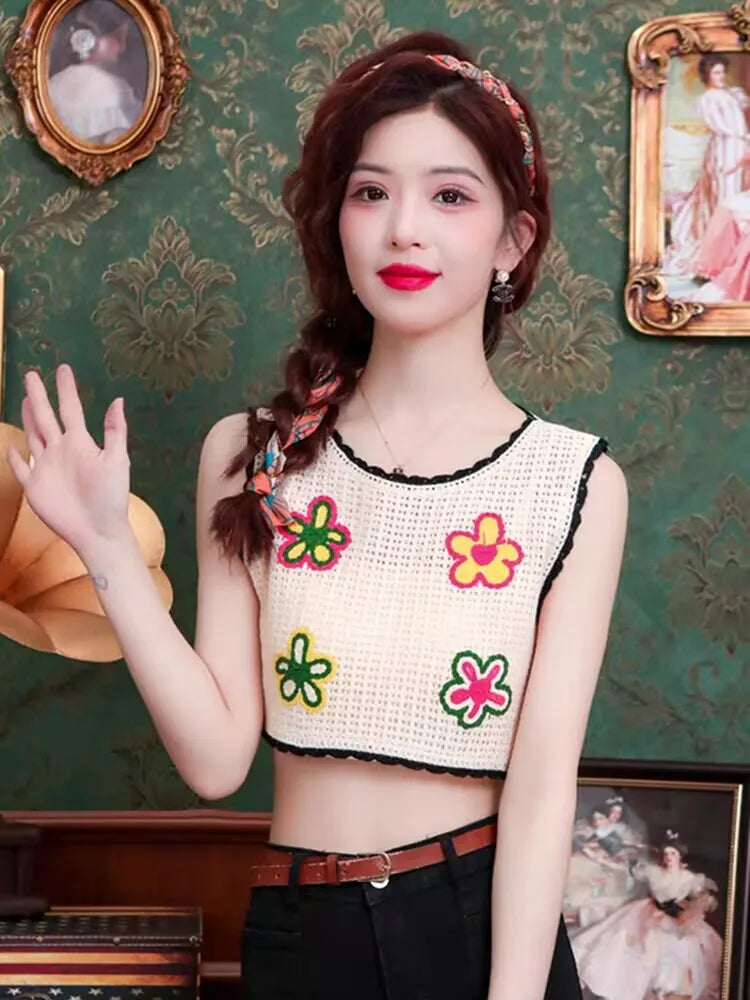 Top patchwork con borlas para mujer – estilo dulce y juvenil de encaje para verano
