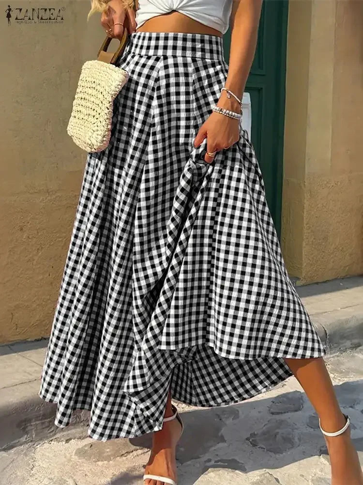 🌿 Vestido Largo ZANZEA Cuadros A-Line – Elegancia Casual para Primavera y Otoño