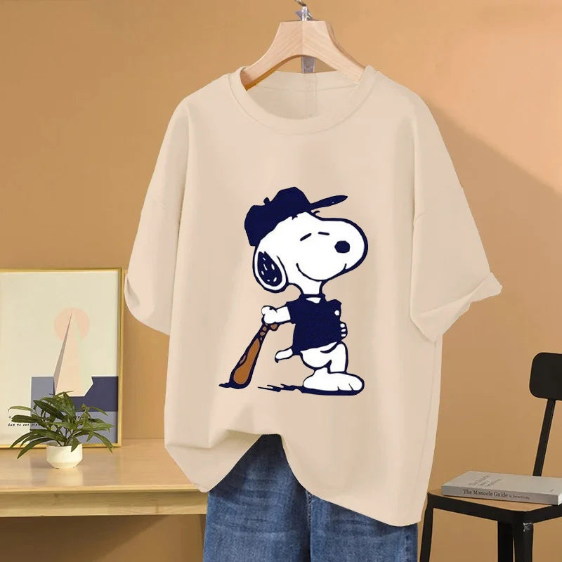 Camiseta de Mujer MINISO con Estampado de Dibujos Animados y Apliques – Estilo Informal