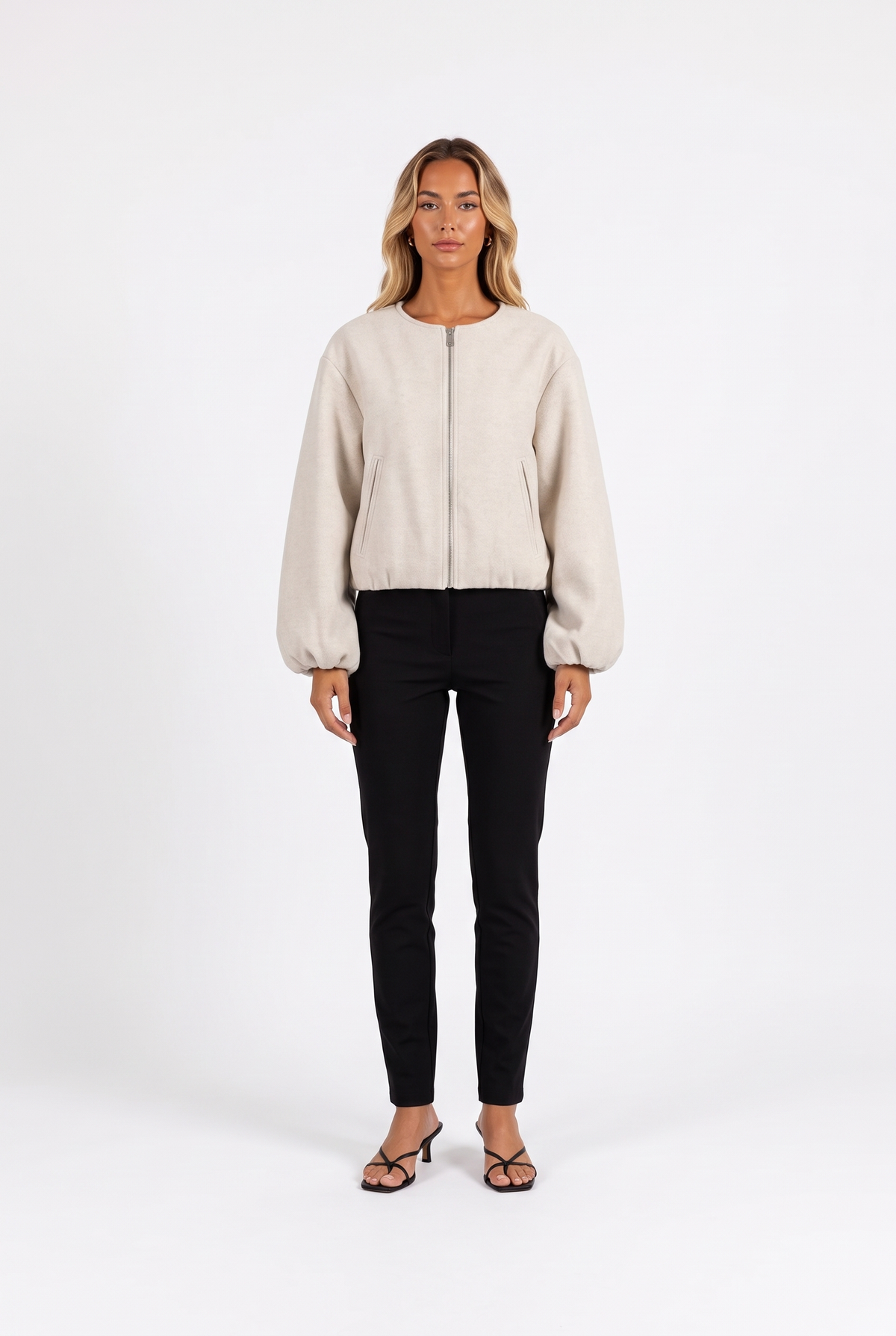 Oat beige crew-neck zip bomber with balloon sleeves — front