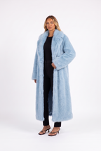 Sky blue long faux fur coat with notched lapels — three-quarter